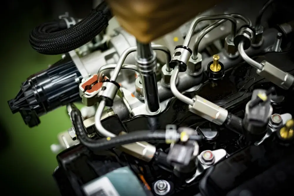 A close-up of diesel fuel injector lines and connections on an engine